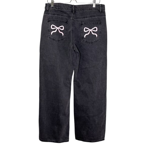 Edikted Black Bow Pocket Relaxed Cotton Denim Jeans size Large - Picture 1 of 12
